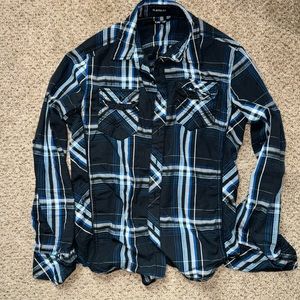 Men’s blue and black plaid western style classic fit long sleeve button up Small